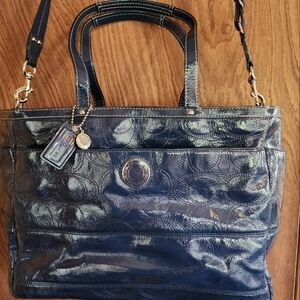 Coach Blue Patent Leather Tote Diaper Weekend bag. No. F19256 Signature Stitched